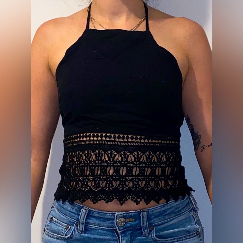 American Eagle Black crochet halter Crop Top size XS